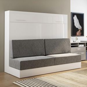 Image de Inside75 Armoire lit escamotable VERTIGO SOFA façade blanc brillant canapé gris couchage 160*200 cm - gris