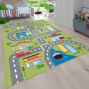 Paco Home - Tapis Pour Enfant Chambre D'Enfant, Tapis De Jeu Motif Rues Et Voitures, Vert 160x220 cm