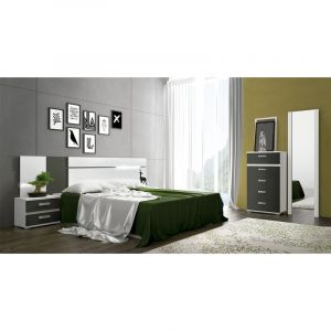 Pegane Ensemble chambre à coucher, tete de lit avec LED + 2 tables chevets + chiffonnier + miroir mural long coloris blanc/graphite -