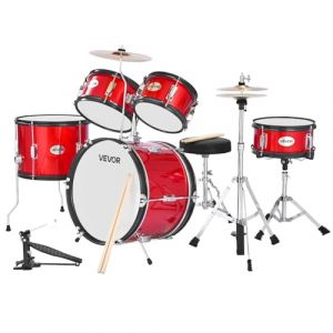 VEVOR Batterie Enfant, 5 PCS, Batterie Débutants, Grosse Caisse 45 cm avec Tom-tom, Caisse Claire 25,4 cm Tom Basse 36 cm, avec Siège, Baguettes, Kit Apprentissage Musical pour Enfants 6-13 ans, Rouge