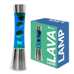 Fisura Lampe à lave avec base chromée, liquide bleu et lave verte. Effet relaxant, avec ampoule de rechange incluse. Dimensions 11 cm x 11 cm x 39,5 cm.