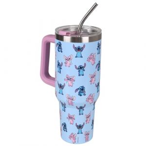 Mug thermique - Disney - Stitch et Angel - Acier inoxydable - 118 litre - Couvercle et paille en métal
