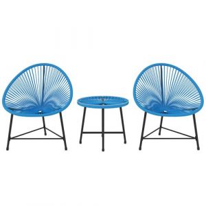 Outsunny Salon de jardin 3 pcs 2 places design Acapulco plateau verre trempé acier noir résine filaire bleu