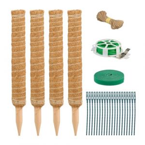 Relaxdays Tuteurs en Fibre de Coco, Lot de 4, pour Monstera, pothos, Supports Plantes, avec Accessoires, 40 cm, Nature