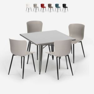 Ensemble de 4 Chaises et 1 Table Carrée 80x80cm Design Industriel Cuisine Bar Restaurant Wrench
