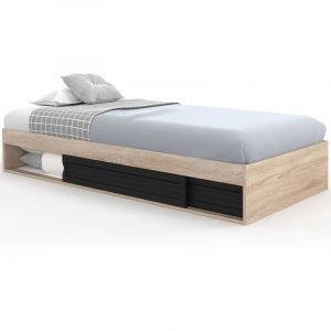 Idmarket Cadre de lit simple salem avec rangement et sommier 90 x 190 cm façon hêtre et noir