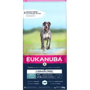 Eukanuba Croquettes Premium sans Céréales pour Chien Adulte de Grande Race – Poissons de l’océan hypoallergénique – Glucosamine, Calcium - Sac de 3 kg