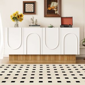 Buffet moderne 160x38x75 cm - 4 portes - Structure en U - Design en relief - Panneaux de particules - Blanc+naturel