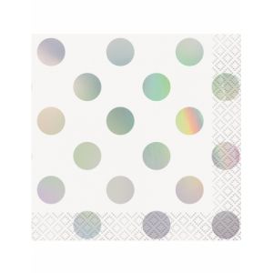 16 Petites serviettes en papier blanc &agrave; pois iridescent 25 x 25 cm