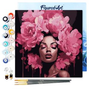 Figured'Art Mini Peinture par Numéro Adulte 20x20cm avec cadre Femme aux cheveux de pivoines - Petit Format Kit de Loisir Créatif DIY Numéro d'Art Complet