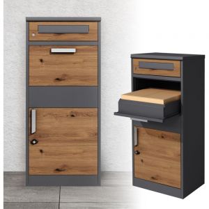 Boîte aux Lettres pour Colis, Acier Galvanisé, Anthracite/Brun Aspect Chêne, 50x112x37cm, Sur Pied, Verrouillable avec 2 Clés, Boîte Postale Moderne,