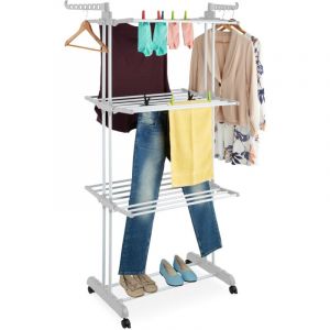 Relaxdays Étendoir à Linge Vertical, Extensible Pliable à Tour avec Roues LP: 179 x 126 x 63,5 cm, en Fer et PP, Blanc