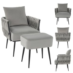 Coast Modern Dutch Velvet Side Chair and Footstool Set - Grey - 66x65x80 cm | 46x35x45,5 cm