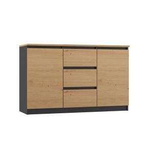 MILENA - Commode 2 portes + 3 tiroirs - Dimensions : 75x120x40 - Meuble de rangement - Buffet - Gris&Aspect bois
