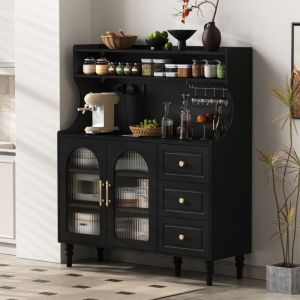 MODFU - Buffet haut de rangement pour cuisine/salle &agrave; manger, 3 tiroirs, porte verre c&ocirc;tel&eacute;, prises USB/Type‑C, 120x40x138,5 cm, MDF noir