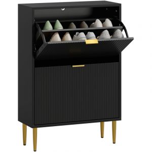 Homcom Meuble &agrave; chaussures - 12 paires - 2 tiroirs rabattables, portes cannel&eacute;es, &eacute;tag&egrave;res r&eacute;glables - MDF - 60x24x91,5ccm - noir