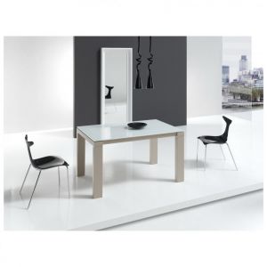 Table repas extensible ARMONIA 10 couverts 140/240x90cm pieds beiges plateau verre blanc