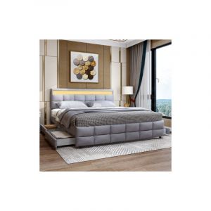 Lit rembourré double 180 x 200 cm. 4 tiroirs. led. en tissu velours. led. Gris