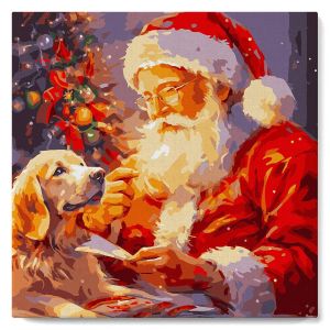 Mini peinture au numéro : Père Noël et son Chien - toile tendue sur chassis