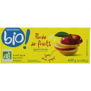Monoprix Bio Pur&eacute;e de fruits pomme, certifi&eacute; AB - Les 4 pots de 100g