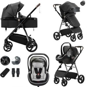 Lnhcrbs Poussette 3 En 1, Poussette Compacte Avec Chassis En Aluminium Pliable D'une Seule Main, Poussette Bebe Avec Habillage Pluie