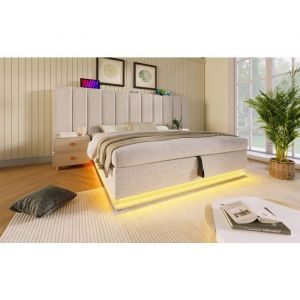 Lit coffre 180x200 cm en lin beige &eacute;clairage 360&deg; ports USB-C m&eacute;canisme hydraulique &ndash; Structure bois/m&eacute;tal &ndash; Design moderne