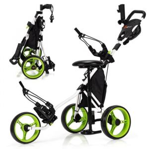 COSTWAY Chariot de Golf à 3 Roues Pliable, avec Porte-gobelet, Frein à Pied, Tableau de Score, Sac de Rangement, Poignée Réglable sur 4 Positions,