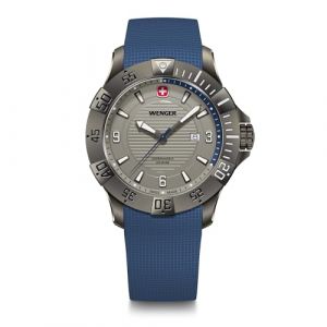 Wenger Montre pour Homme Seaforce Analogique Quartz, &Oslash; 43 mm, Swiss Made, &Eacute;tanche jusqu'&agrave; 200 m, Bleu/Gris, Bracelet en Silicone Bleu, 01.0641.142