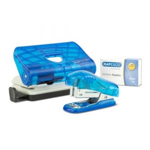 Rapesco 1719 Set Bug Agrafeuse et 810-P Perforatrice 2 Trous avec 1000 Agrafes 26/6 mm, Bleu Transparent