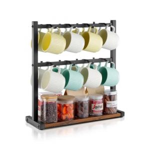 VEVOR Porte-tasse à café pour comptoir, 16 crochets et base de rangement, support de tasse à café à 2 niveaux en acier au carbone et en bois, rangement et affichage du bar à café à la maison, noir mat