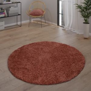 Paco Home Tapis Shaggy Tapis De Salon Poil Long Doux Moderne Motif Monochrome Orange 120 cm rond