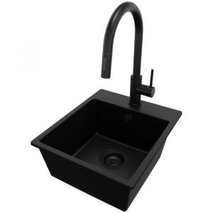 Primagran - Evier Cuisine en Granit 38x44cm, Lavabo 1 bac + Robinet 40x20cm + Kit de Vidage, Évier à Encastrer au meuble 40cm - Riga Easy, Tout Noir