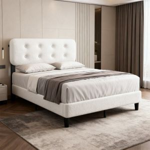 Cadre de Lit 160x200 cm.Sommier Capitonnée avec Tête de Lit Réglable en Hauteur, Lattes Larges Renforcées – Adapté à Différentes Épaisseurs de Matelas