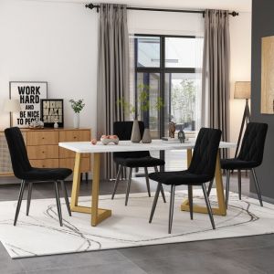 Ensemble salle &agrave; manger moderne &ndash; Table 117&times;68 cm effet marbre + 4 chaises en velours noir pieds dor&eacute;s