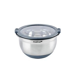 Mastrad F29464 Bol INOX &oslash; 24 cm + Couvercle Transparent-R&eacute;cipient Gradu&eacute;-Base Antid&eacute;rapante en Silicone-Id&eacute;al pour la Pr&eacute;paration, Le Service et la Conservation des Aliments-5L-Gris