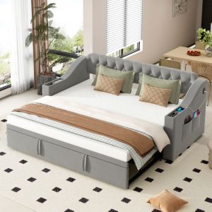 Canapé-lit rembourré, 90/180x190 cm, port de chargement usb, lit enfant avec lit gigogne, poches de rangement latérales, velours, gris