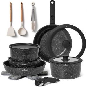 Batterie de Cuisine Antiadhésive 18 Pièces – Lot de Poêles et Casseroles avec Manche Amovible –Induction – Antiadhésif Sans PFOA