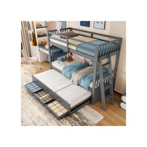 Lit superpos&eacute; enfant 90x200 cm Lit 3 place 1 personne Cadre de lit en pin et MDF avec &eacute;chelle lit escamotable et 3 tiroirs gris