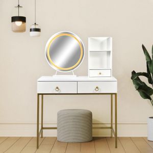 Coiffeuse moderne avec miroir rond lumineux Oracle Blanc et Or