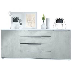 Vladon - Buffet Commode Dressoir Crédence Linio V2 avec 2 portes et tiroirs blanc mat - Façades en Aspect Béton Oxyde - Façades en Aspect Béton Oxyde