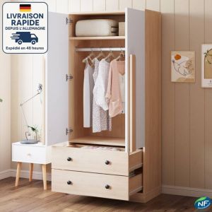 MODFU - Armoire 2 portes 2 tiroirs, 1 tringle &agrave; v&ecirc;tements, meuble haut de rangement - s&eacute;jour et chambre, 70&times;40&times;170 cm, MDF, blanc+naturel