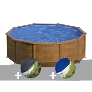 Gre Kit piscine acier aspect bois Pacific ronde 4,80 x 1,22 m + Bâche d'hivernage + Bâche à bulles