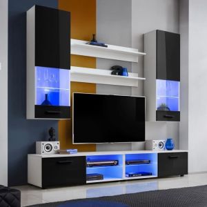 Meuble TV Mural Vida Extreme Furniture - LED bleues - Noir Brillant & Blanc - Fa&ccedil;ades en Brillant - L200cmxH195cmxP45cm