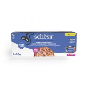 Schesir Ton avec Alicette en Bouillon, Nourriture Humide complète pour Chats, en boîte, avec vitamines ajoutées, 100% Naturel, 6 x 85 g