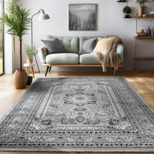 Tapis oriental traditionnel classique optique Perse ornements noir gris blanc [200x290 cm]