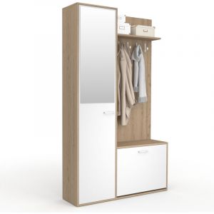 Image de Idmarket Vestiaire d'entr&eacute;e rangement chaussures avec miroir et &eacute;tag&egrave;res MAHAUT 1 porte effet bois et blanc