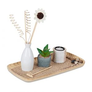 Relaxdays Bougeoir et jardin zen, plateau bougie, sable, pierres, succulente artificielle, décoration table, multicolore