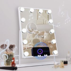 Miroir de maquillage intelligent avec Bluetooth et chargement sans fil, miroir hollywoodien avec 12 ampoules led à intensité variable, blanc 30cm x