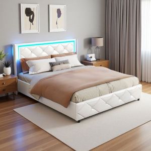 Lit coffre double 160x200 cm - T&ecirc;te de lit capitonn&eacute;e - Prise USB-C - &Eacute;clairage RGB - Rangement int&eacute;gr&eacute;