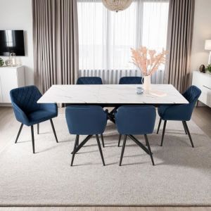 M&S Table extensible blanc mabré + 6 chaises en velours bleu - mindy
